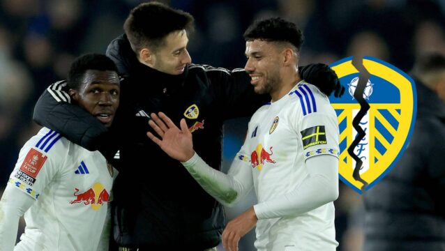 Leeds stars Wilfried Gnonto, Ilia Gruev and James Justin next to a cracked Leeds United badge