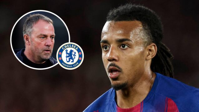 Barcelona manager Hansi Flick, Chelsea badge and defender Jules Kounde - copyright TEAMtalk