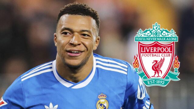 Real Madrid striker Kylian Mbappe next to the Liverpool badge - copyright TEAMtalk