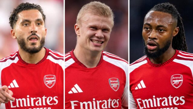 Rayan Cherki, Erling Haaland and Antoine Semenyo with Arsenal shirts Photoshopped on them - image copyright of TEAMtalk