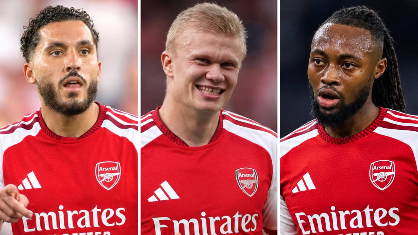 Rayan Cherki, Erling Haaland and Antoine Semenyo with Arsenal shirts Photoshopped on them - image copyright of TEAMtalk