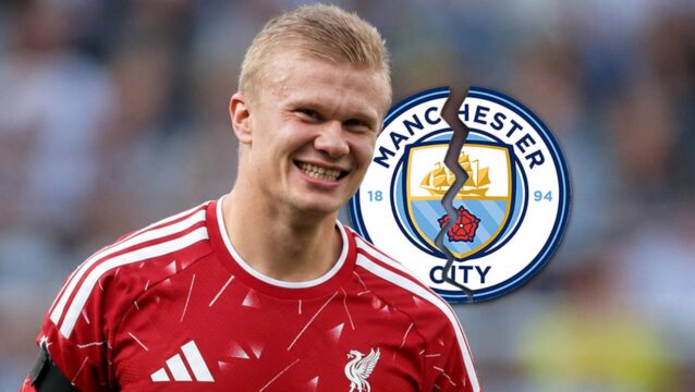 Manchester City striker Erling Haaland with a Liverpool shirt Photoshopped on him