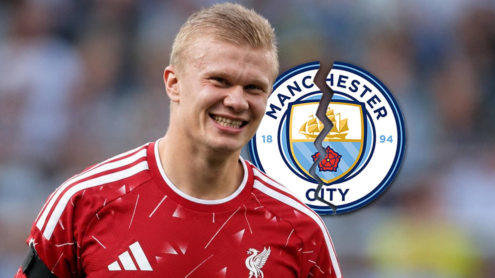 Manchester City striker Erling Haaland with a Liverpool shirt Photoshopped on him