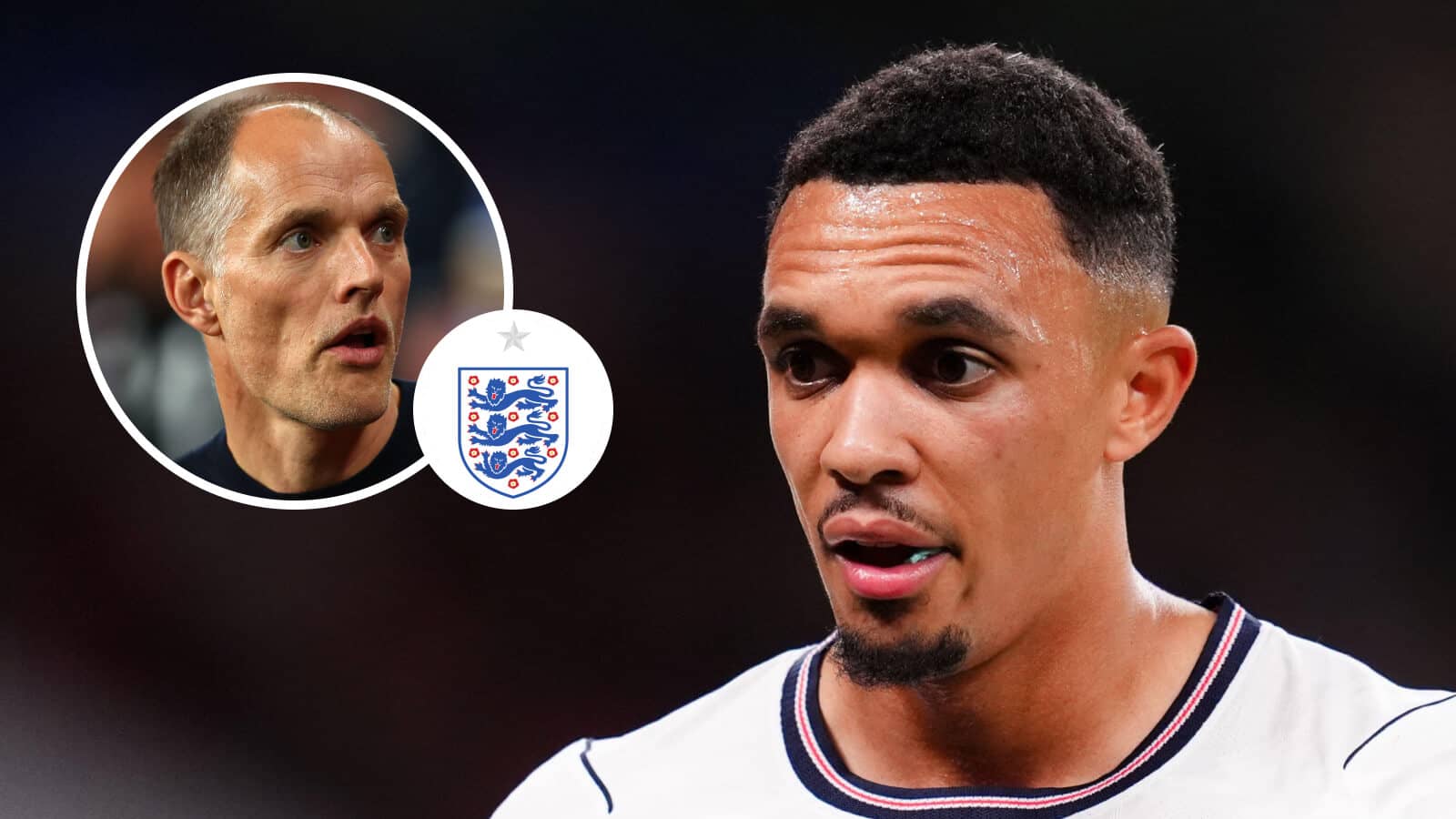 England star Trent Alexander-Arnold and, inset, England coach Thomas Tuchel next to the country's badge