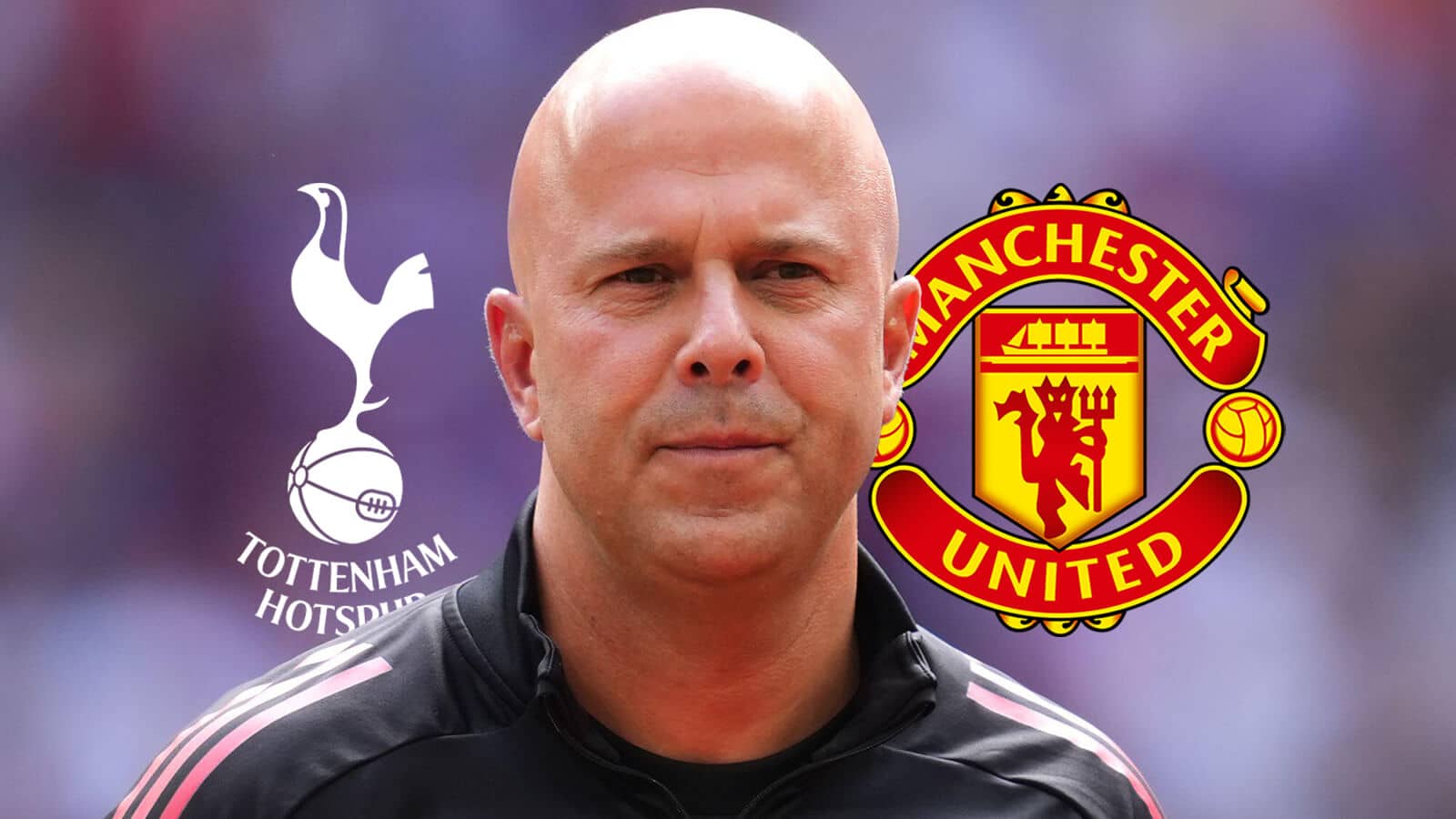 Tottenham Hotspur badge, Former Liverpool manager Arne Slot and Manchester United badge - copyright TEAMtalk