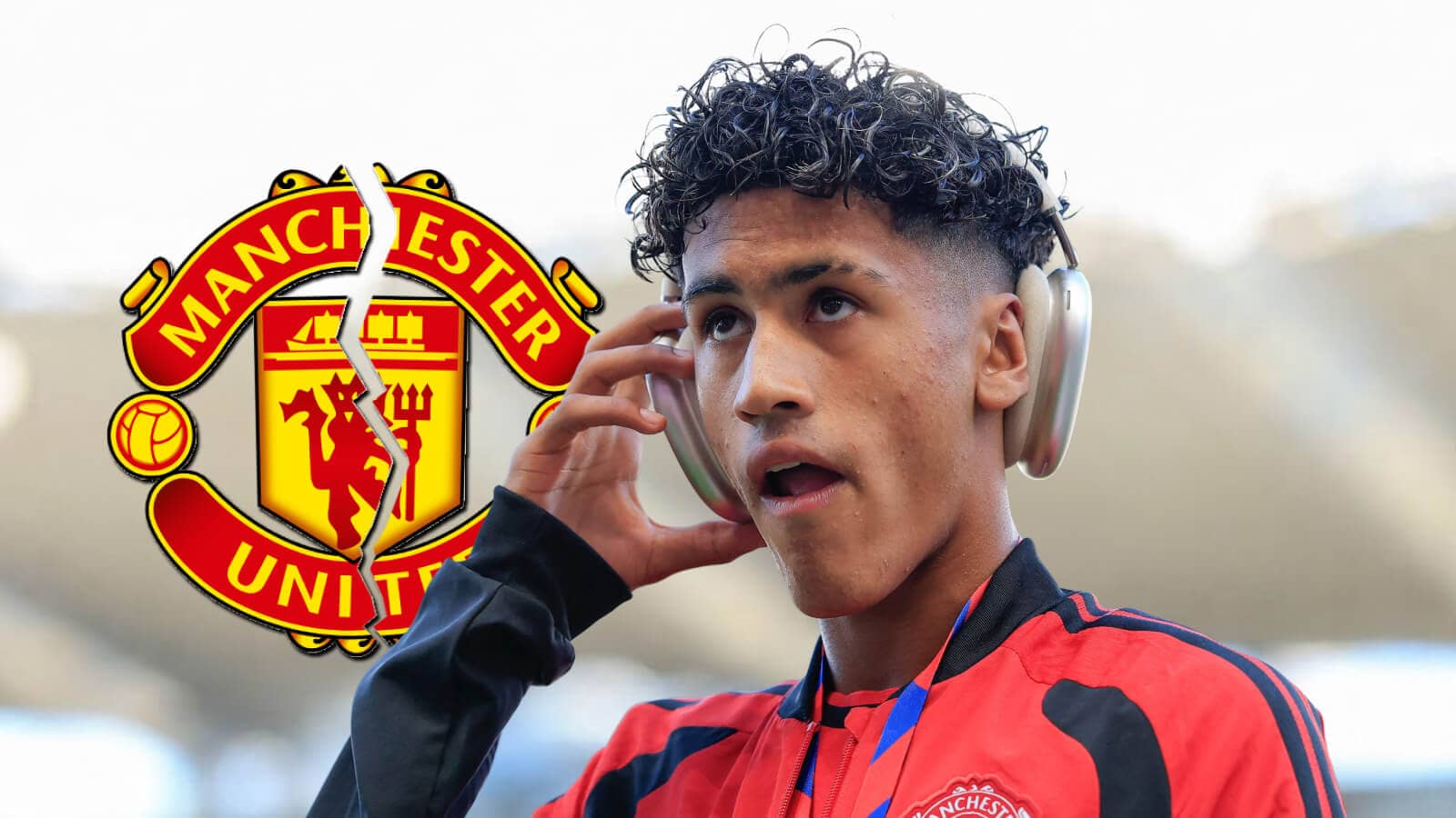 JJ Gabriel next to a cracked Manchester United badge