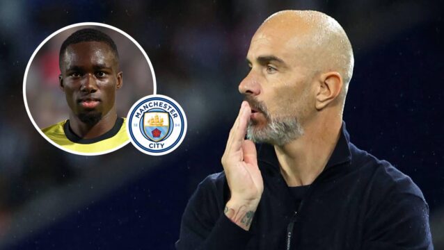 Enzo Maresca, Michael Kayode with Man City badge