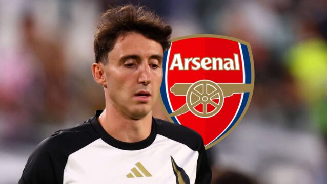Juventus star and Arsenal target Andrea Cambiaso next to Arsenal badge - copyright TEAMtalk