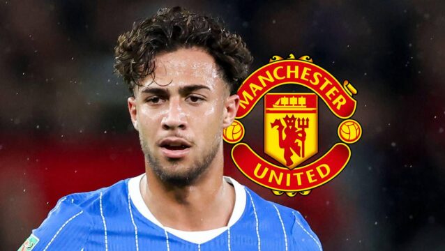 Brighton and Hove Albion striker Charalampos Kostoulas next to the Manchester United badge - copyright TEAMtalk
