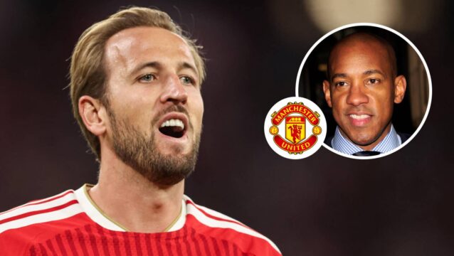 Bayern Munich striker Harry Kane, Manchester United badge and former Man Utd star Dion Dublin - copyright TEAMtalk