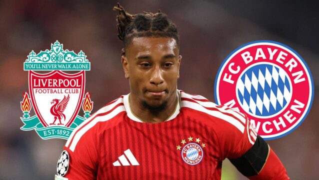 Michael Olise next to the Liverpool and Bayern Munich badges
