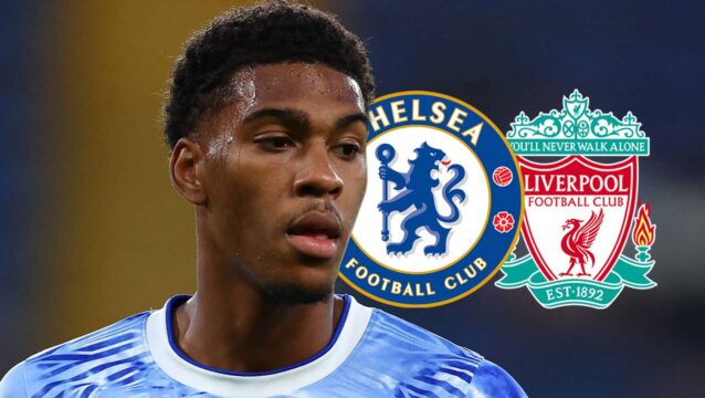 Chelsea youngster Josh Acheampong next to his club's badge and the Liverpool badge