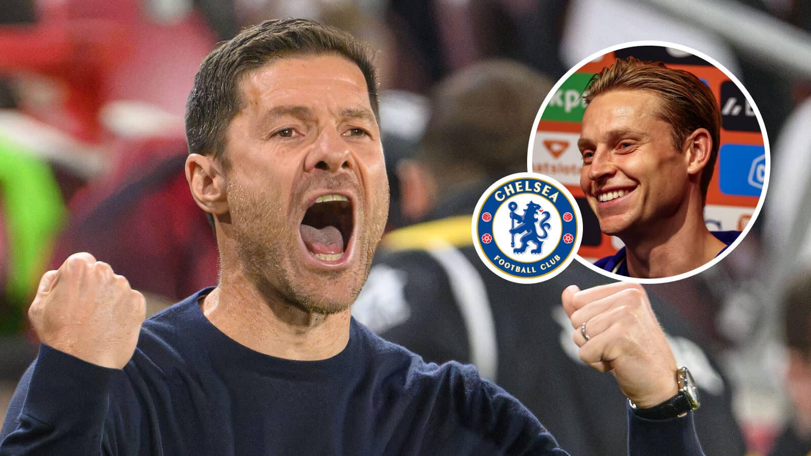 Xabi Alonso, Frenkie de Jong with Chelsea badge