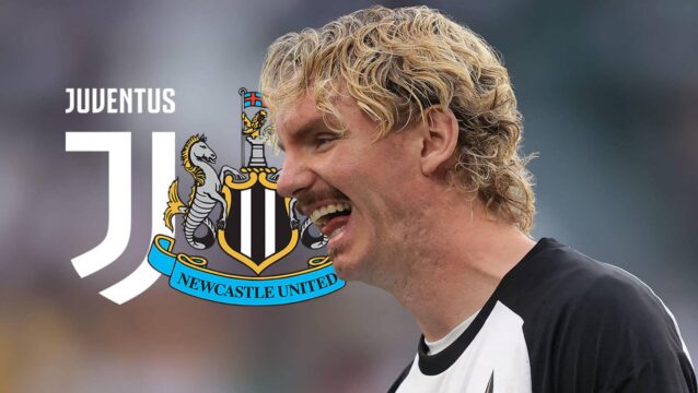 A laughing Nick Woltemade next to the badges of Juventus and Newcastle United