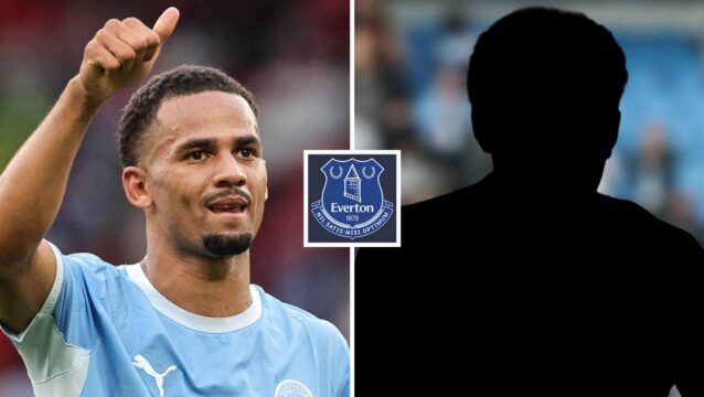 Split image of Manchester City winger Iliman Ndiaye and a shadow, with the Everton badge in between - copyright TEAMtalk