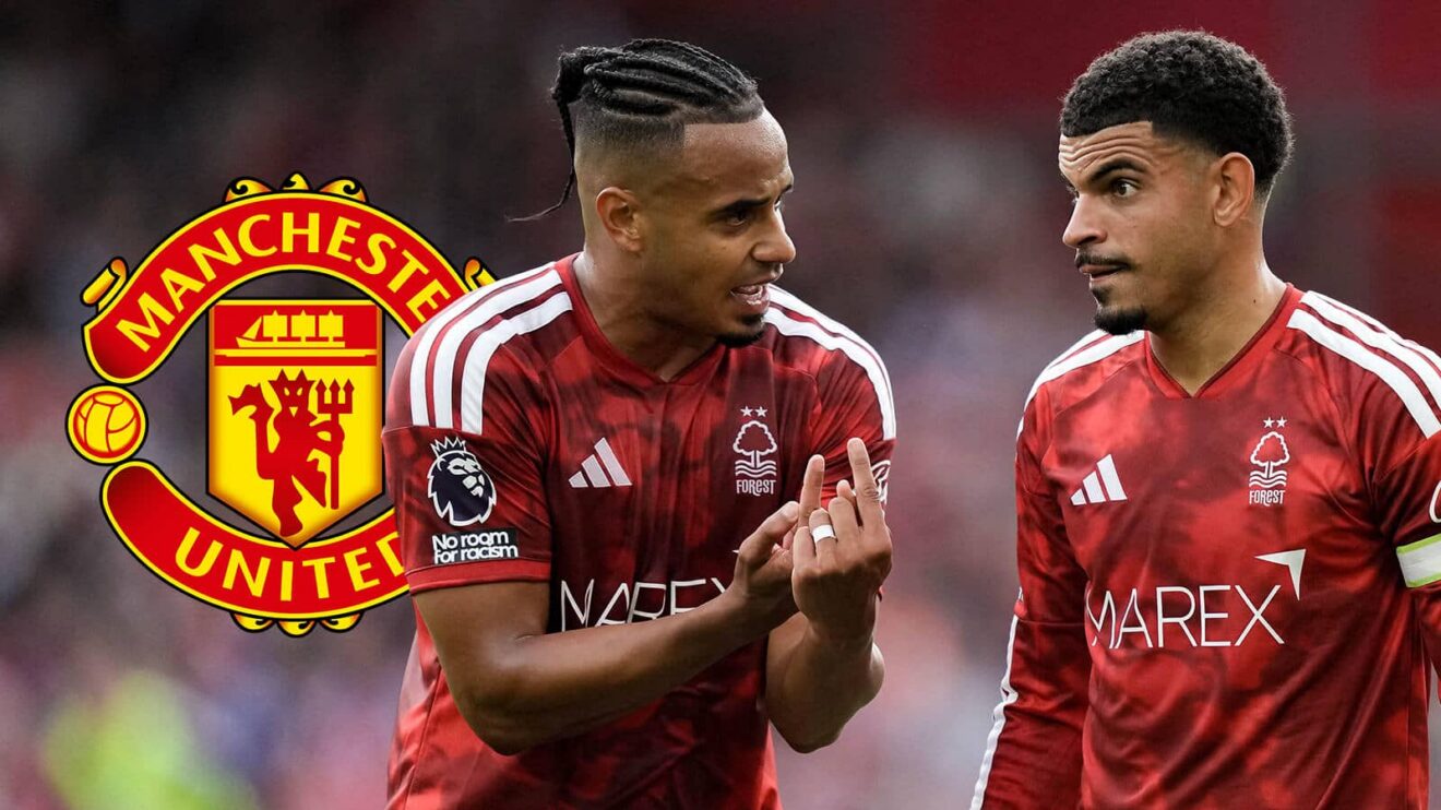 Nottingham Forest stars Murillo and Morgan Gibbs-White next to the Manchester United badge