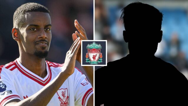 Split image of Liverpool striker Alexander Isak and a shadow, with the Liverpool badge in between - copyright TEAMtalk