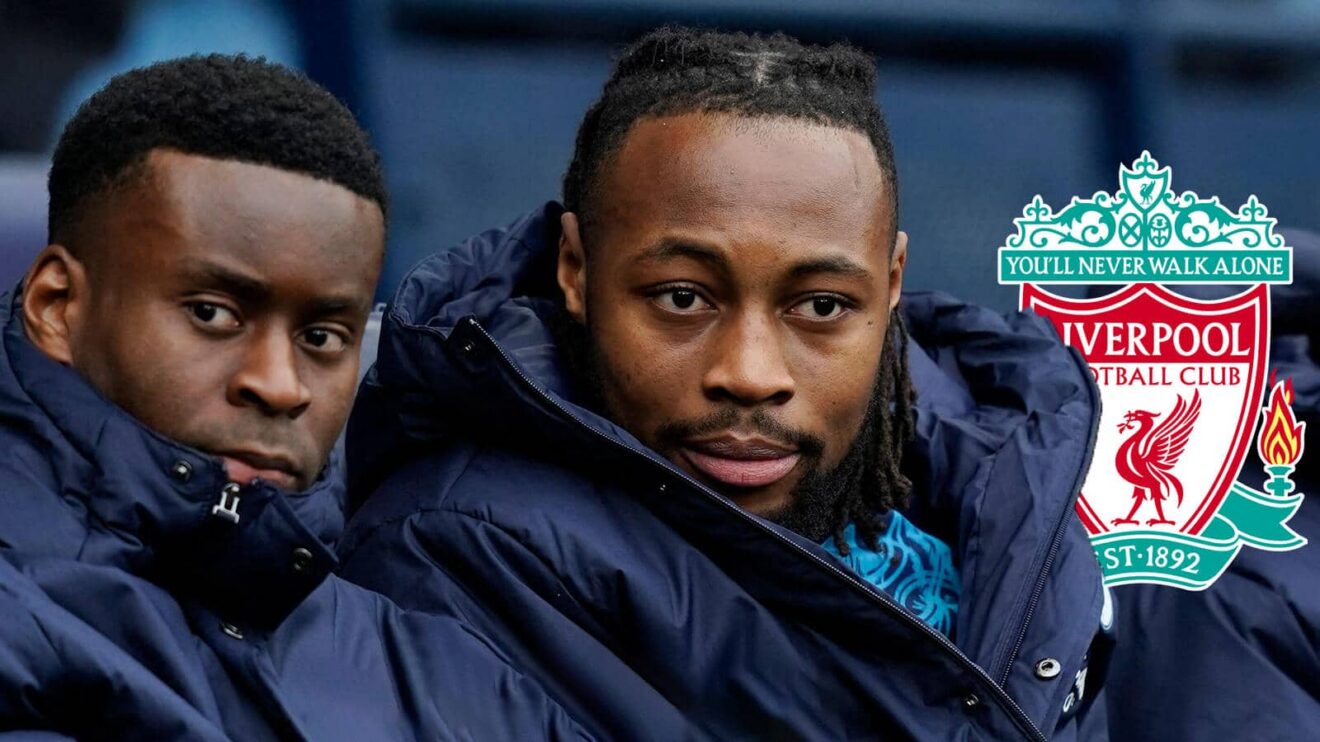 Manchester City stars Marc Guehi and Antoine Semenyo next to the Liverpool badge