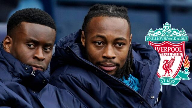Manchester City stars Marc Guehi and Antoine Semenyo next to the Liverpool badge