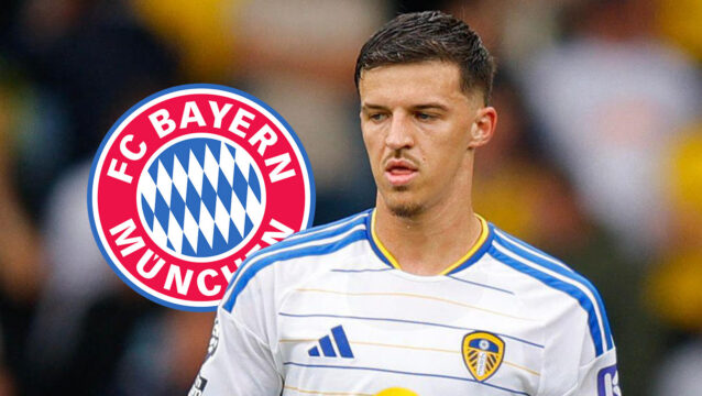 Leeds United star Tarik Muharemovic next to the Bayern Munich badge