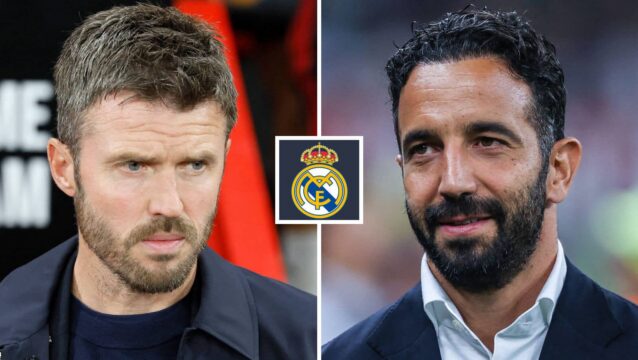 Split image of Manchester United manager Michael Carrick and AC Milan manager Ruben Amorim, with the Real Madrid badge in between - copyright TEAMtalk