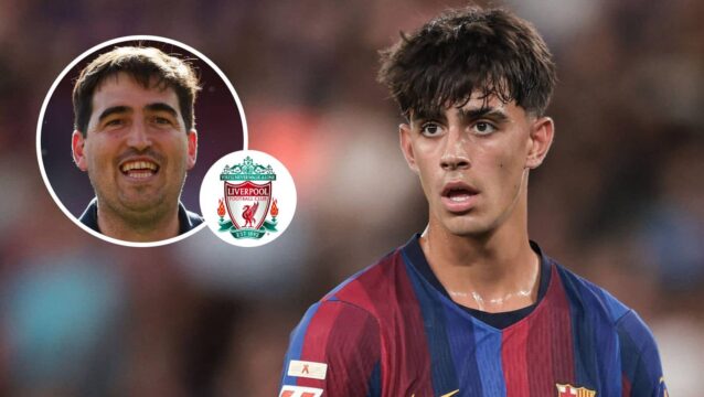 Barcelona midfielder Marc Bernal and, inset, Liverpool boss Andoni Iraola next to the club badge