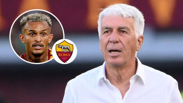 Roma boss Gian Piero Gasperini and, inset, the club's Brazilian star Wesley next to the club's badge