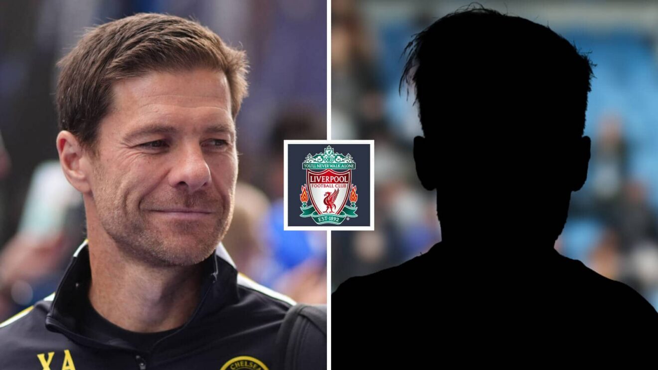 Split image of Chelsea manager Chelsea manager Xabi Alonso and a shadow, with the Liverpool badge in between - copyright TEAMtalk