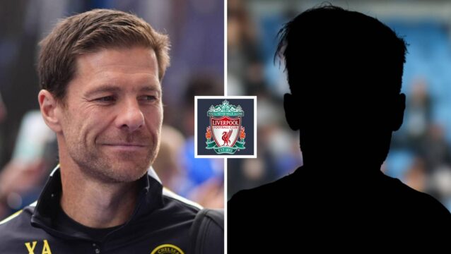 Split image of Chelsea manager Chelsea manager Xabi Alonso and a shadow, with the Liverpool badge in between - copyright TEAMtalk