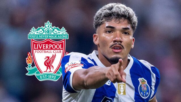 Porto star William Gomes next to the Liverpool badge