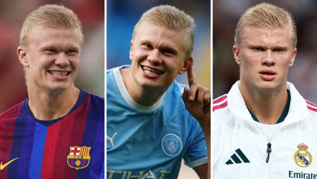 Erling Haaland with Barcelona (left) and Real Madrid (right) kits Photoshopped on him and (middle) a typical Manchester City pose