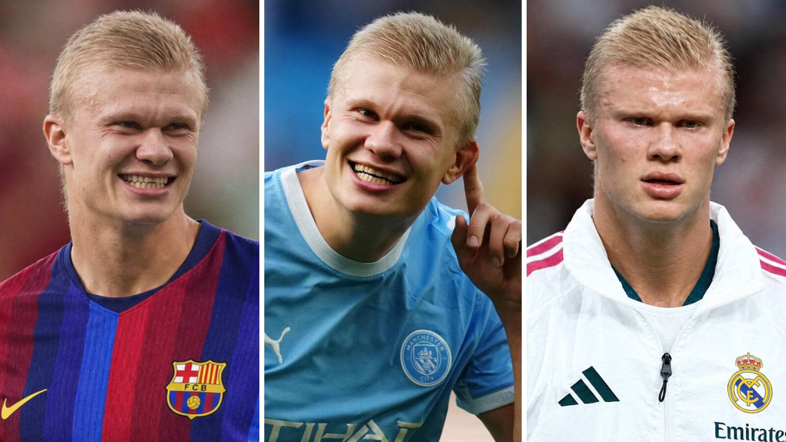Erling Haaland with Barcelona (left) and Real Madrid (right) kits Photoshopped on him and (middle) a typical Manchester City pose