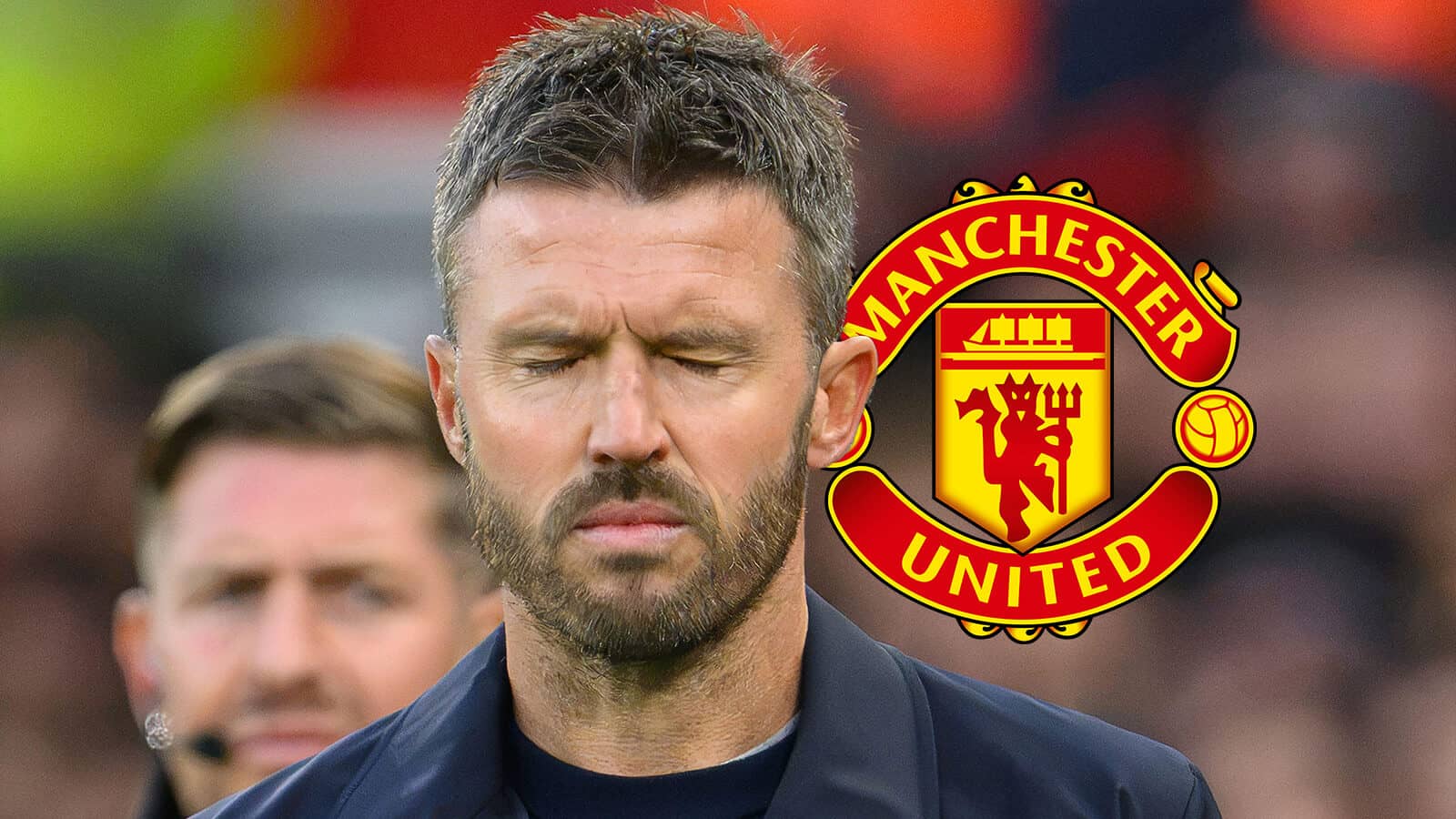 Manchester United boss Michael Carrick looking worried next to the club's badge