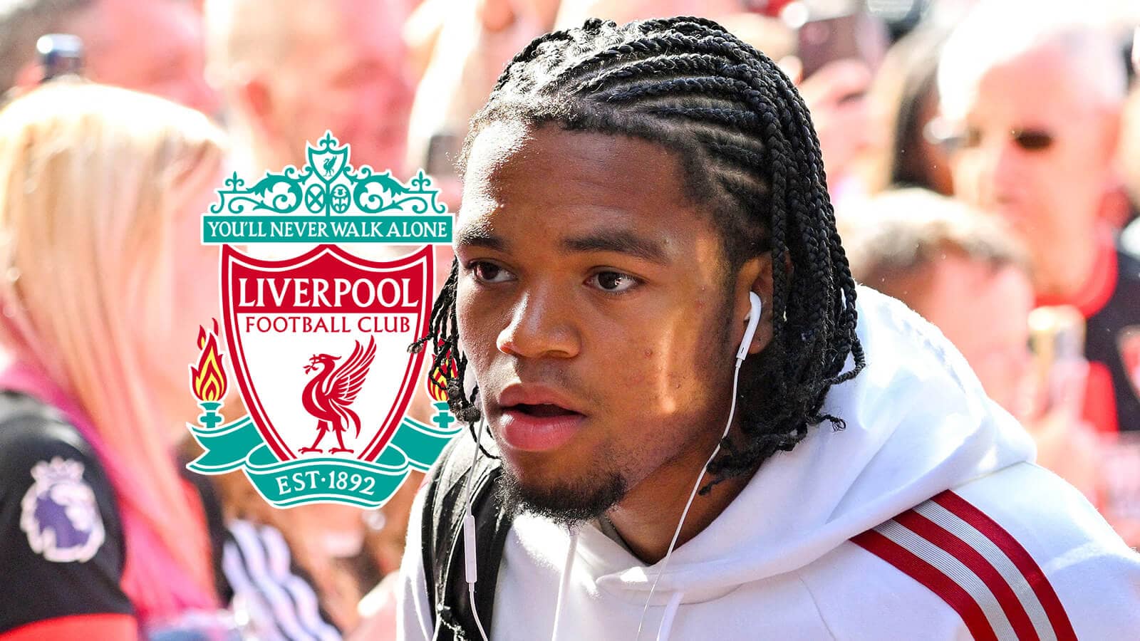 Liverpool's teenage star Rio Ngumoha next to the club's badge
