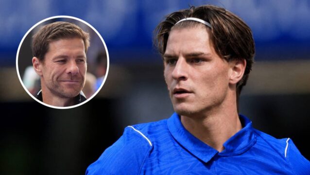 Chelsea boss Xabi Alonso, inset, and Bournemouth's Alex Scott with a Chelsea shirt Photoshopped on him