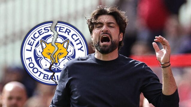 Russell Martin next to a cracked Leicester City badge