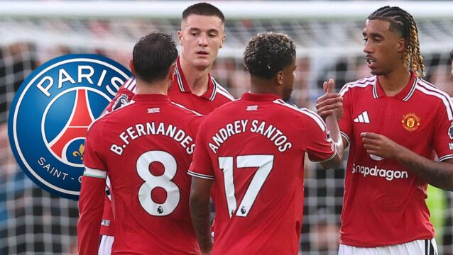 Man Utd stars Bruno Fernandes, Benjamin Sesko, Andrey Santos & Leny Yoro next to the PSG badge