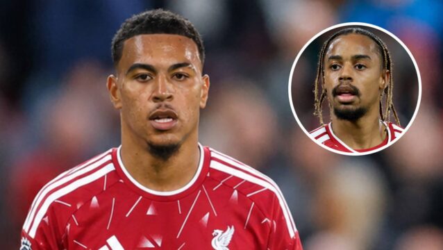 Morgan Rogers with a Liverpool shirt Photoshopped on him and, inset, the star they bought, Bradley Barcola