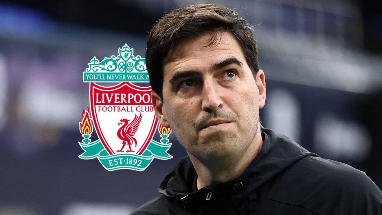 Liverpool boss Andoni Iraola next to the club's badge