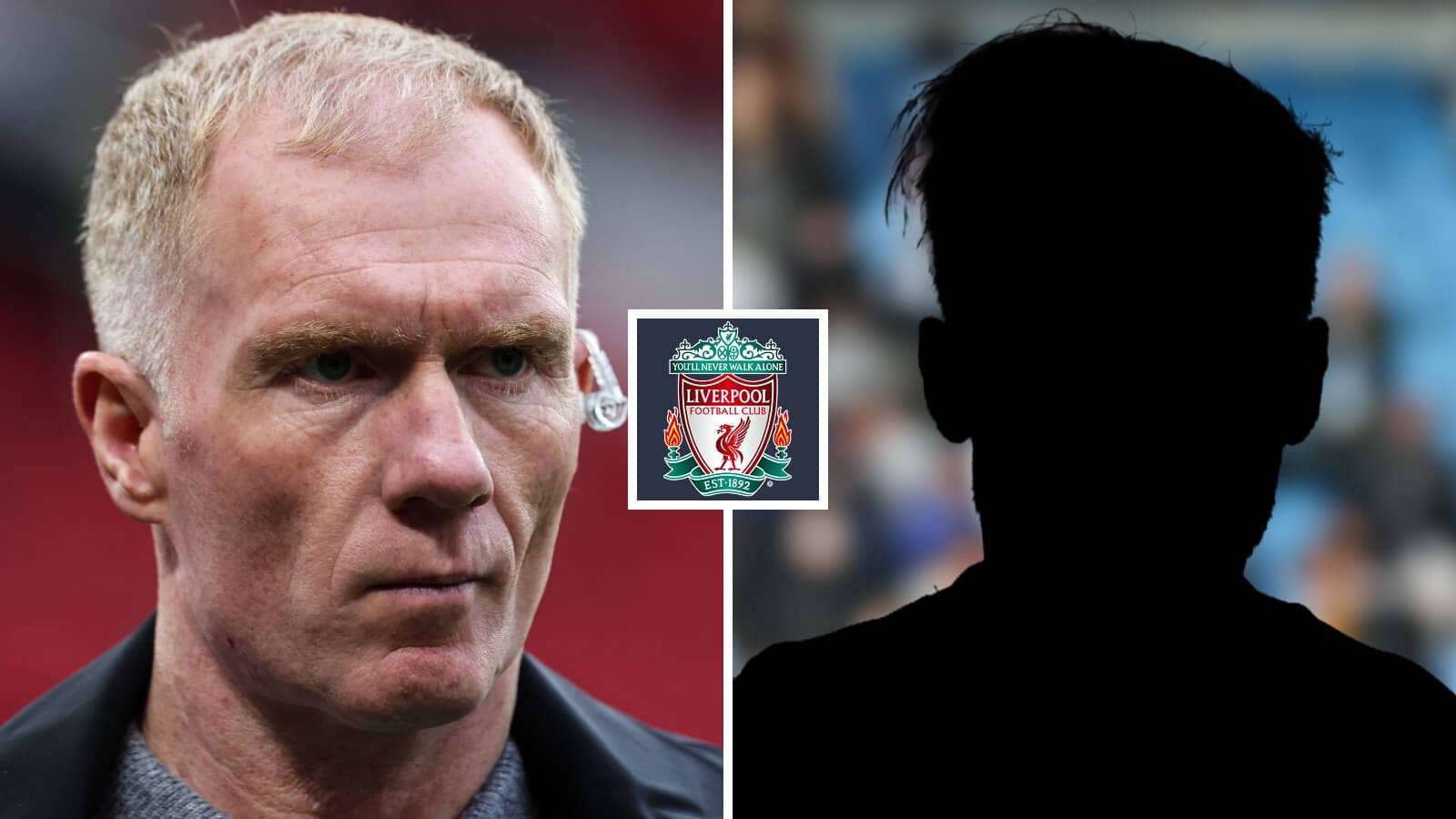 Split image of Manchester United legend Paul Scholes and a shadow, with the Liverpool badge in between - copyright TEAMtalk