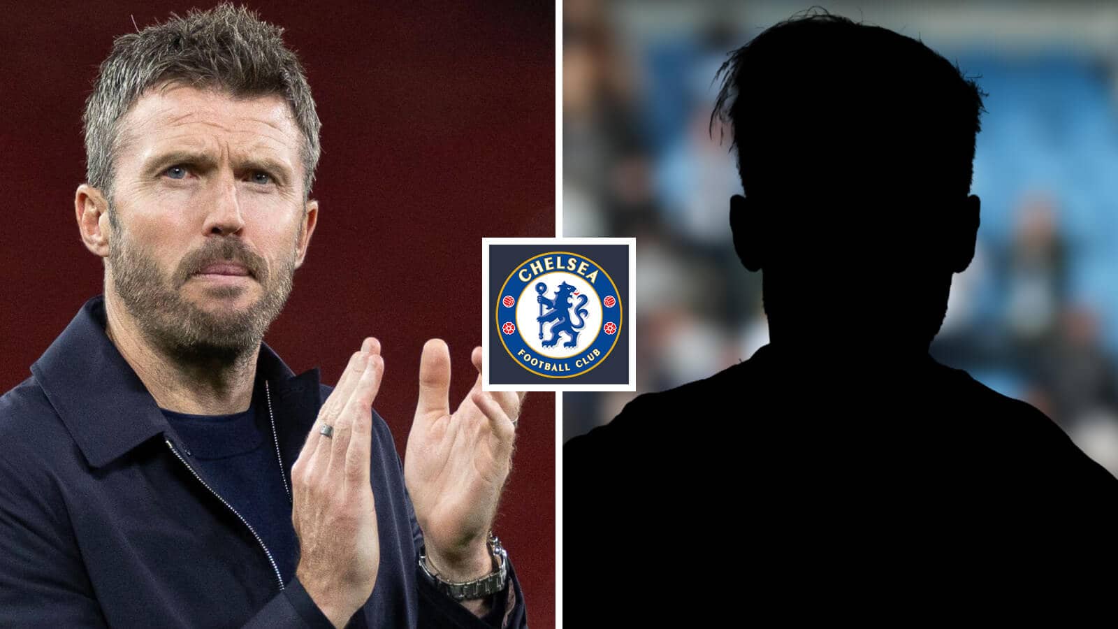 Split image of Manchester United manager Michael Carrick and a shadow, with the Chelsea badge in between - copyright TEAMtalk