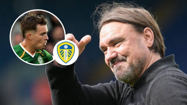Leeds manager Daniel Farke and, inset, Ireland striker Tommy Lonergan