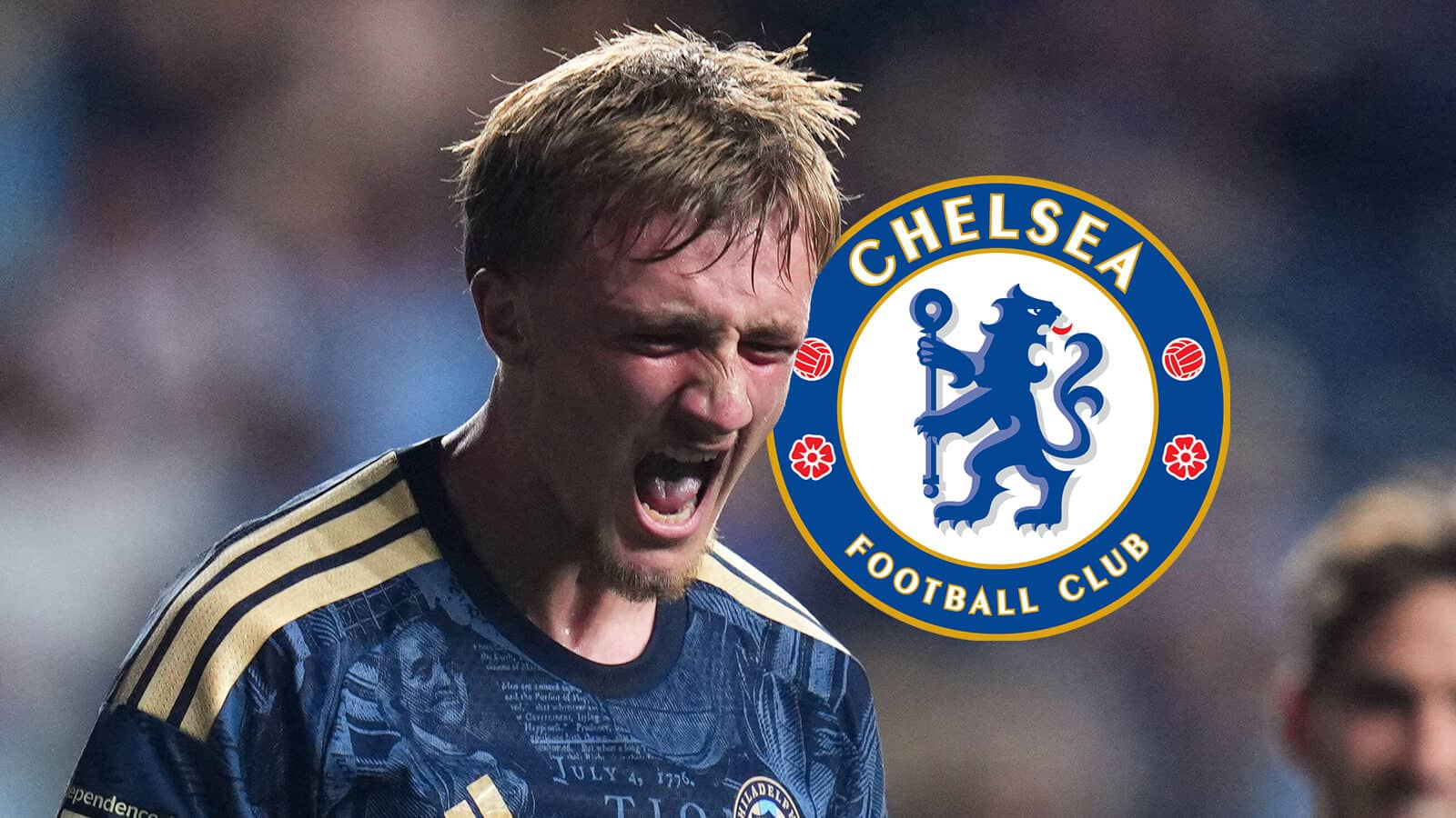 Philadelphia Union striker Malik Jakupovic with a Chelsea badge