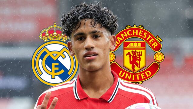 Real Madrid badge, JJ Gabriel and Manchester United badge - copyright TEAMtalk