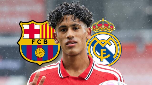 Barcelona badge, Manchester United teenager JJ Gabriel and Real Madrid badge - copyright TEAMtalk