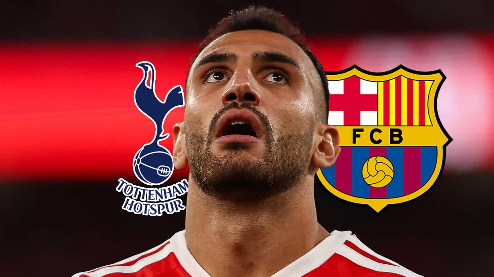 Benfica striker Vanegelis Pavlidis next to the badges of Tottenham Hotspur and FC Barcelona
