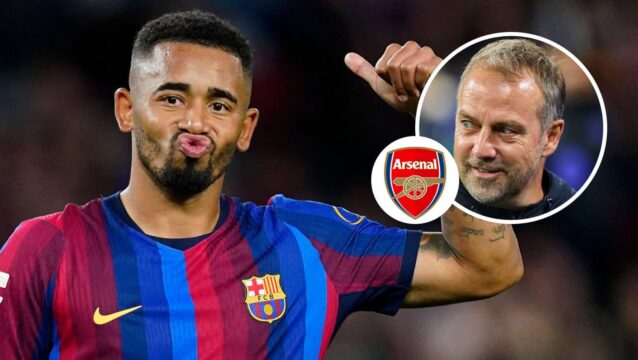 Barcelona striker Gabriel Jesus, Arsenal badge and manager Hansi Flick - copyright TEAMtalk