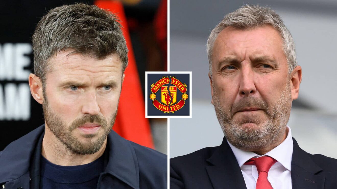 Split image of Manchester United manager Michael Carrick and director of football Jason Wilcox, with a broken Man Utd badge - copyright TEAMtalk