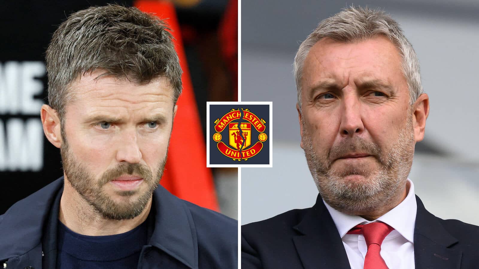 Split image of Manchester United manager Michael Carrick and director of football Jason Wilcox, with a broken Man Utd badge - copyright TEAMtalk