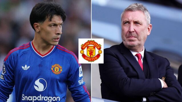 Split image of Manchester United duo Lisandro Martinez and Jason Wilcox, with the Manchester United badge in between - copyright TEAMtalk